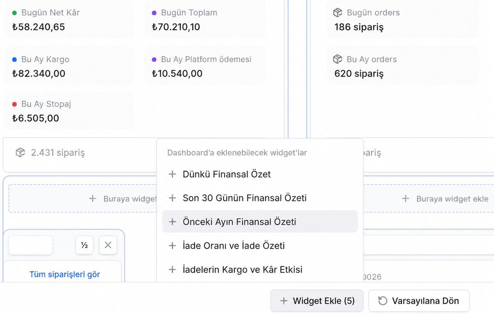 EZV Dashboard düzenleme modunda finansal özet ve iade widget’larını ekleme menüsü
