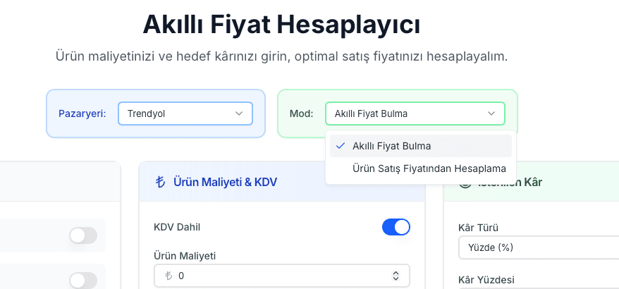 EZV fiyat hesaplayıcıda Akıllı Fiyat Bulma ve Ürün Satış Fiyatından Hesaplama modları