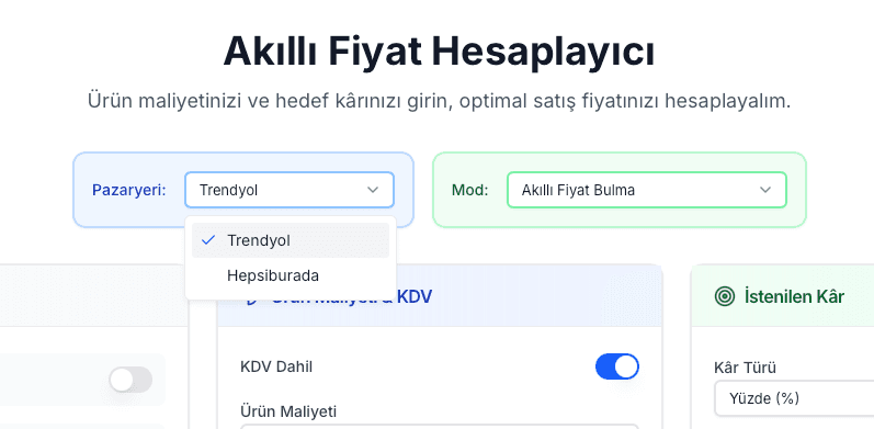 EZV Akıllı Fiyat Hesaplayıcıda Trendyol ve Hepsiburada pazaryeri seçenekleri