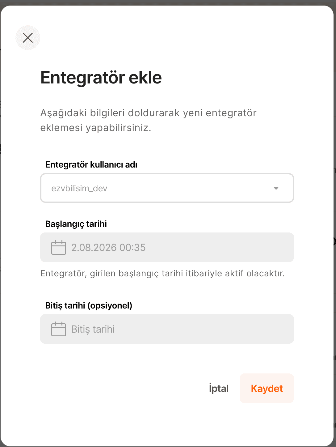 Hepsiburada entegratör başlangıç ve bitiş tarihi ile Kaydet butonu