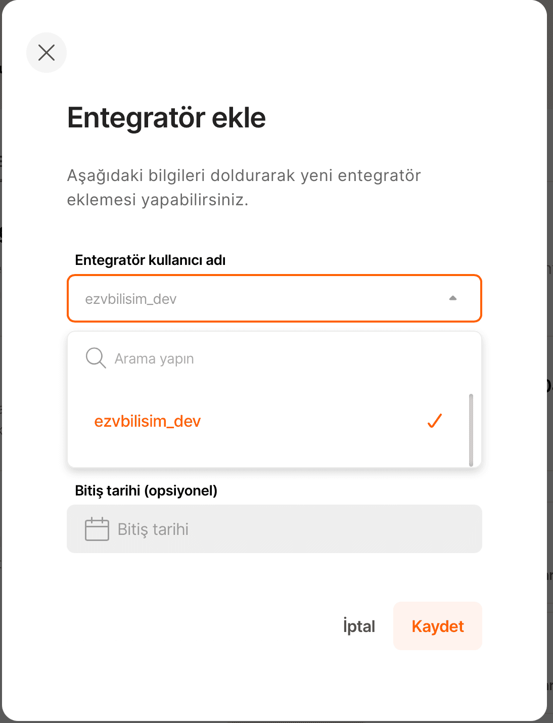 Hepsiburada Entegratör ekle penceresinde ezvbilisim_dev seçimi
