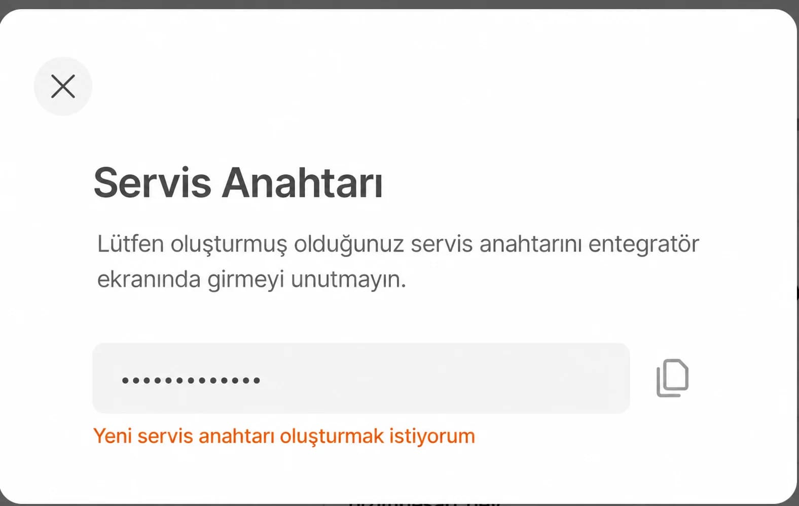 Hepsiburada servis anahtarının oluşturulduğu ekran, anahtar güvenlik için maskelenmiştir