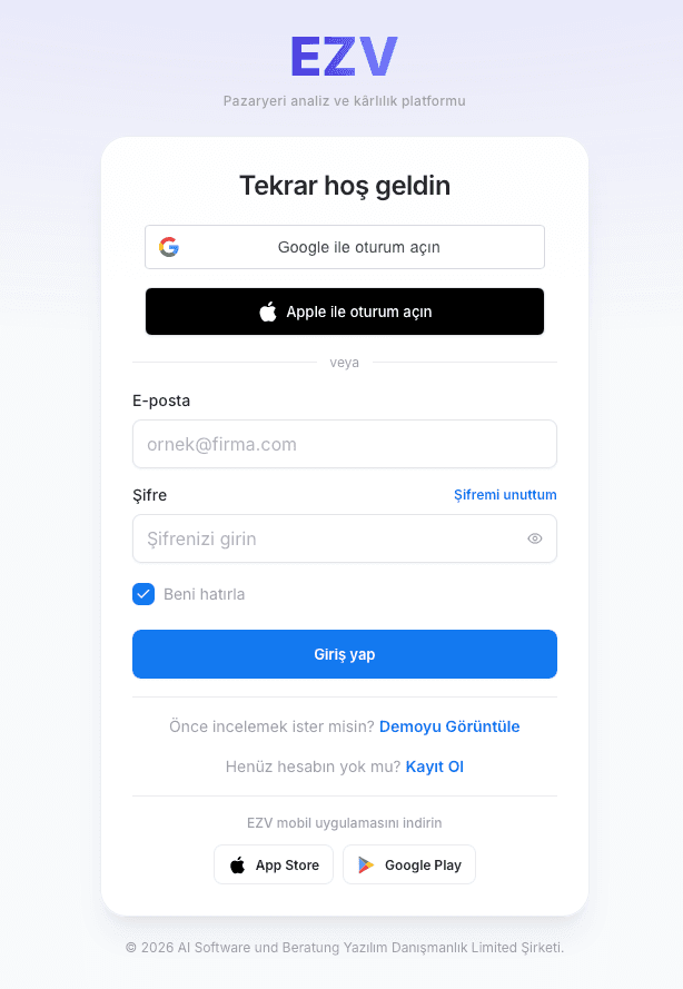 Google, Apple veya e-posta ile giriş seçeneklerinin bulunduğu EZV giriş ekranı