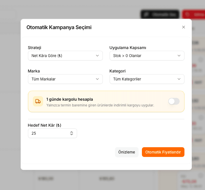 EZV Otomatik Kampanya Seçimi penceresinde strateji, kapsam, marka, kategori ve hedef net kâr