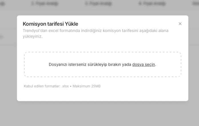EZV Komisyon tarifesi Yükle penceresinde xlsx dosya seçme alanı