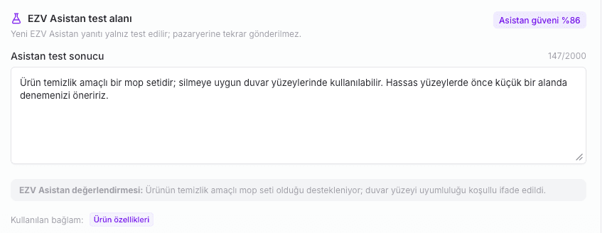 EZV Asistan test alanında örnek soru, oluşturulan yanıt, güven ve değerlendirme bilgileri