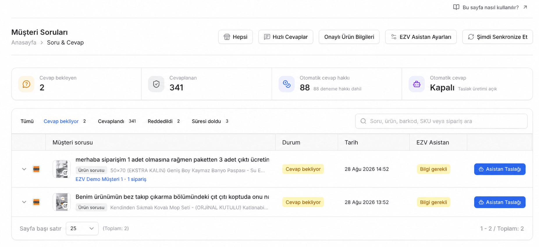 EZV Müşteri Soruları ekranında anonim demo müşteri, filtreler, durum özetleri ve soru listesi