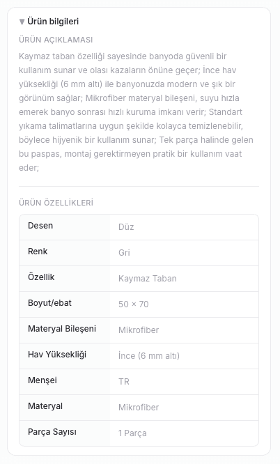 EZV müşteri sorusu ekranında ürün açıklaması ve özelliklerinin gösterildiği ürün bilgileri paneli