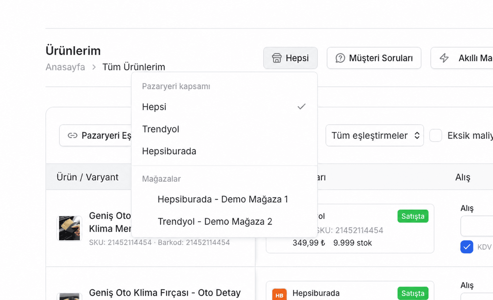 EZV Ürünlerim ekranında anonim demo mağazalarla pazaryeri kapsamı seçimi